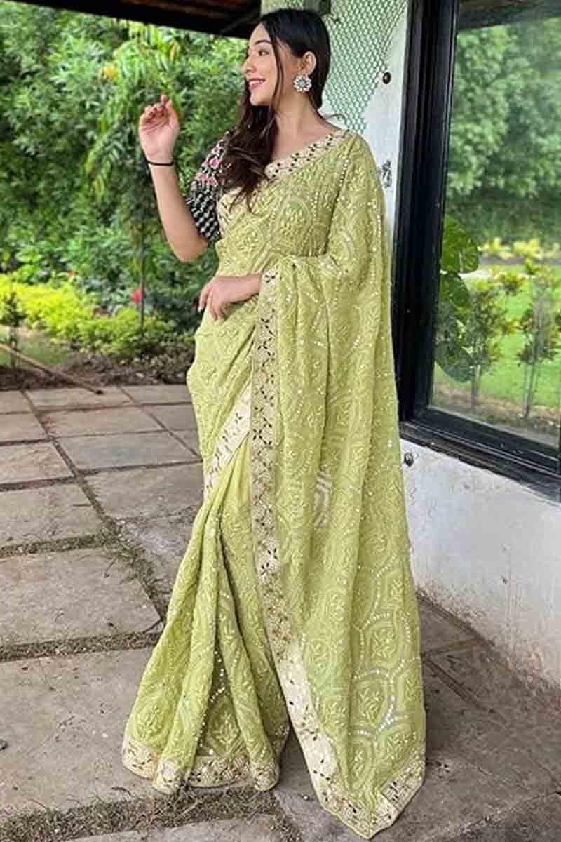 green pure faux georgette lakhnavi work saree fj502346