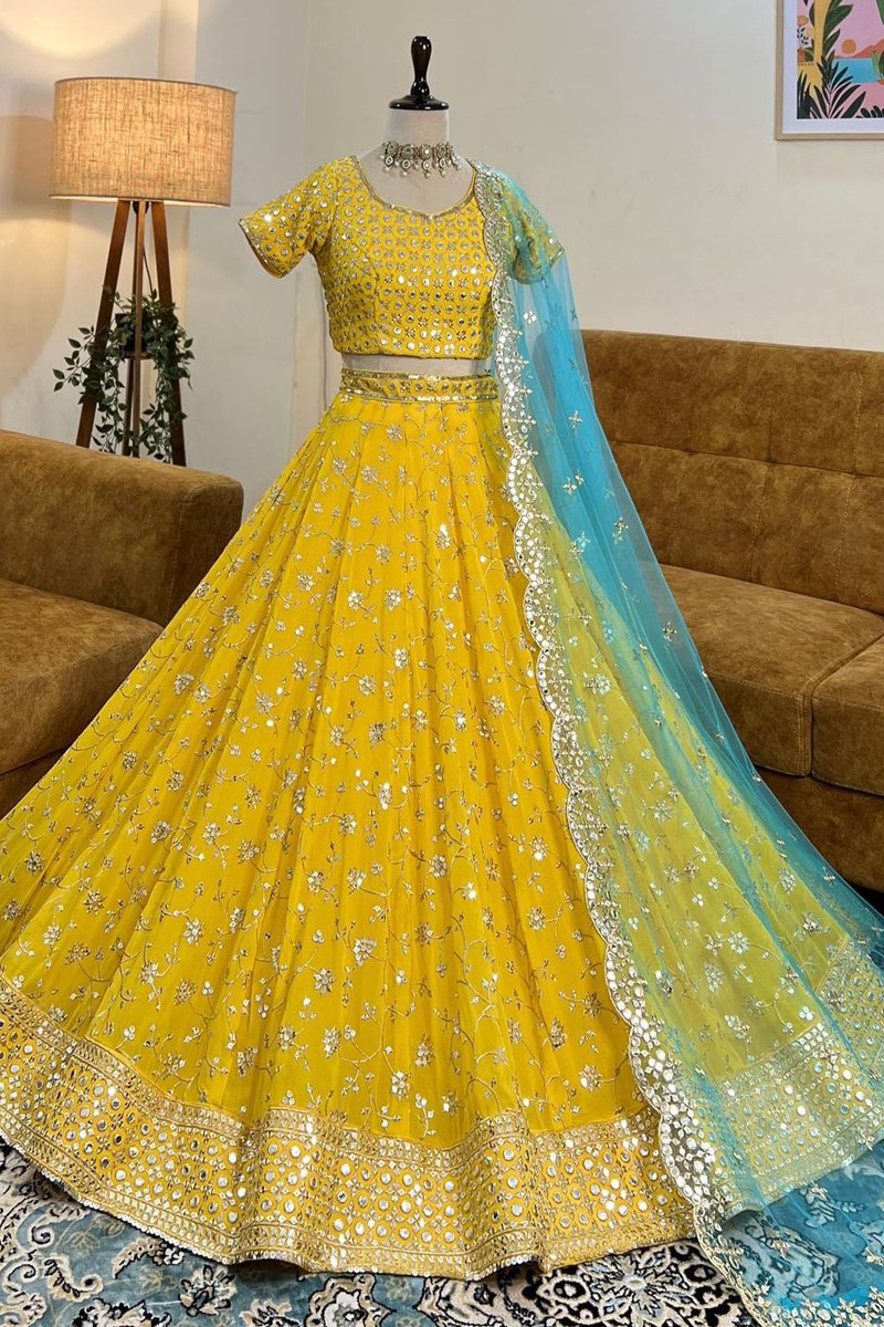 Buy Sun Yellow Pearl Bursh Silk Lehenga Set Online – Vasansi Jaipur