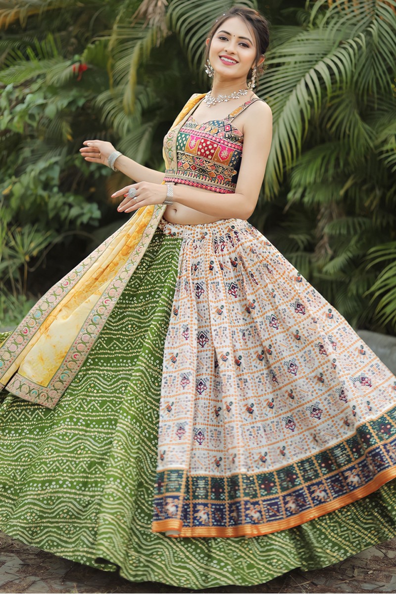 Buy Multi Coloured Brocade Lehenga With Bandhani Print And Heavy Mirror  Work On The Border KALKI Fashion India