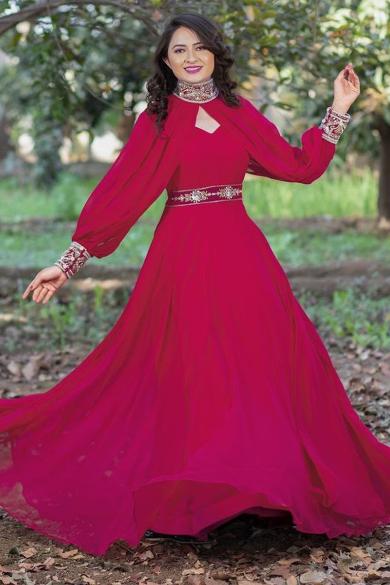 Rani Pink Silver Zari and Sequins work Poncho Style Anarkali Gown