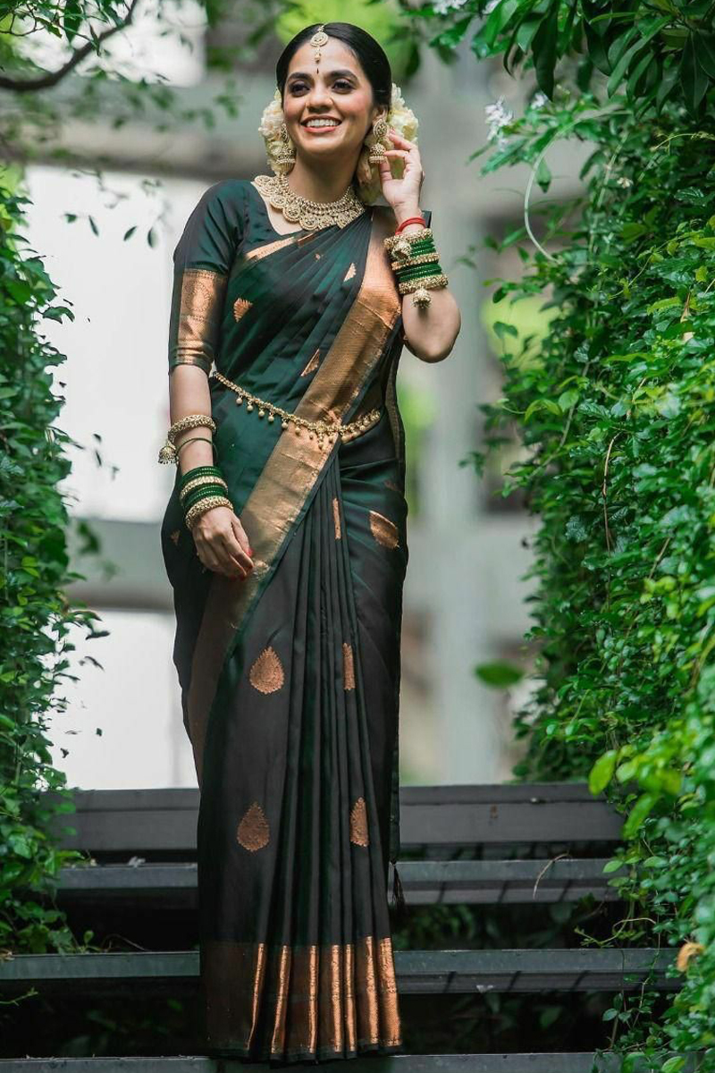 Traditional Dark Green Soft Silk Saree With Hypnotic Blouse