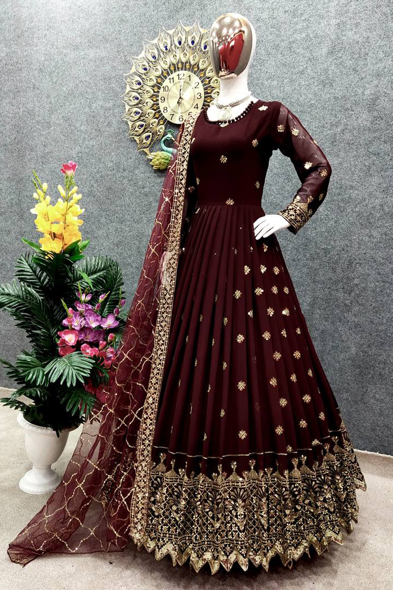 Wedding Special Dark Maroon Sequence Work Anarkali Gown