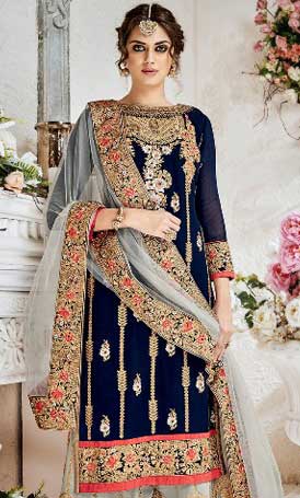 Georgette Satin Party Wear Pant Style Suit Stone Work In Dark Blue
